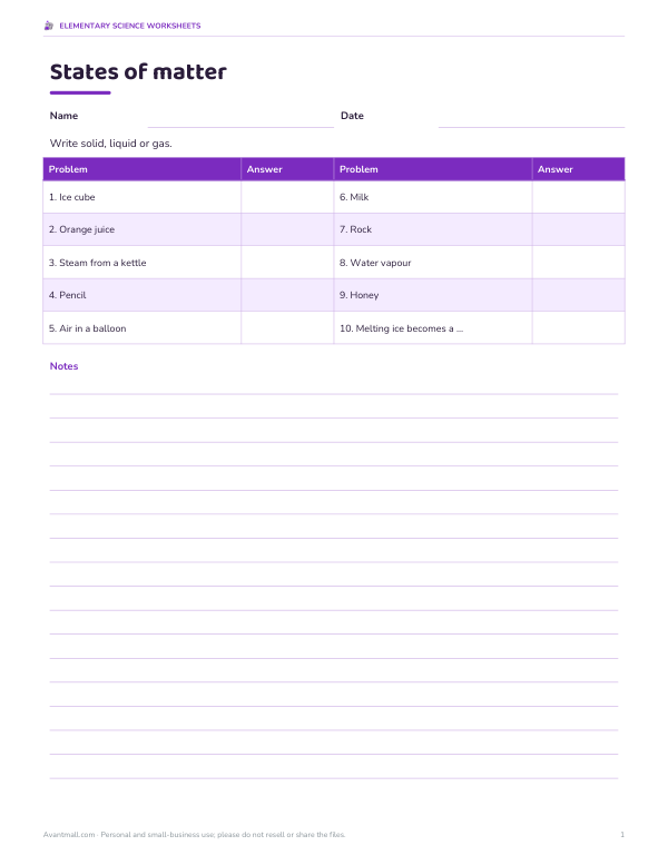 Preview of States of Matter Printable Worksheet